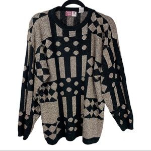 Vtg Gold Metallic Sweater Sz XL Geometric Polka Dot Print